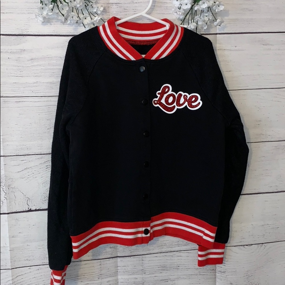 Justice button up jacket, black and red, athletic